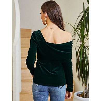 Women's Asymmetric Velvet Top One Shoulder Wrap Design Blouses