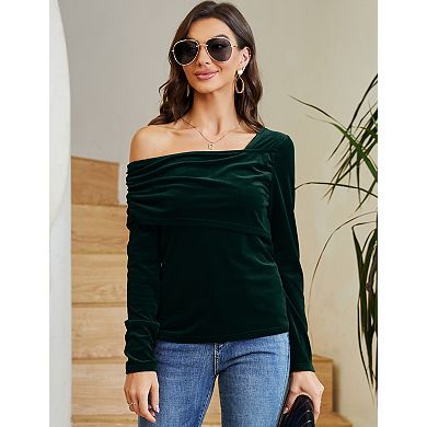 Women's Asymmetric Velvet Top One Shoulder Wrap Design Blouses