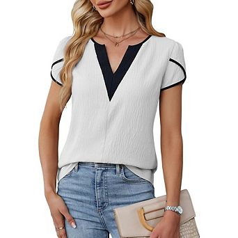 Women's Dressy Casual Tops Long Sleeve Color Block Business Work Blouses V Neck Dressy Basic Tshirt