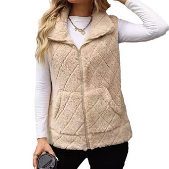 Women's Puffer Vest Zippered Faux Fur Gilet Vest Jacket