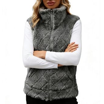 Women's Puffer Vest Zippered Faux Fur Gilet Vest Jacket