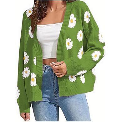 Women's Color Block Crop Cardigan Top Long Sleeve Open Front Sweater