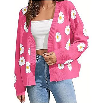 Women's Color Block Crop Cardigan Top Long Sleeve Open Front Sweater