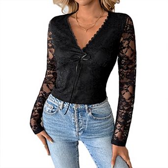 Women's Lace Long Sleeve V-Neck Blouse - Tie-Front Crop Top Slim-Fit Elegant Casual Party Top
