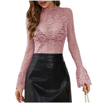 Women's Long Sleeve Lace Mesh Tops High Neck Sheer Blouse Eleangt Floral Going Out Top