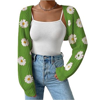 Women Open Front Ribbed Knit Crop Bolero Drop Shoulder Long Sleeve Loose Fit Knitted Crop Cardigan