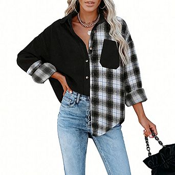 Women's Plaid Patchwork Shirt Oversized Button Down Long Sleeve Blouse Casual Fall Top