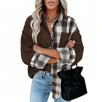 Women's Plaid Patchwork Shirt Oversized Button Down Long Sleeve Blouse Casual Fall Top