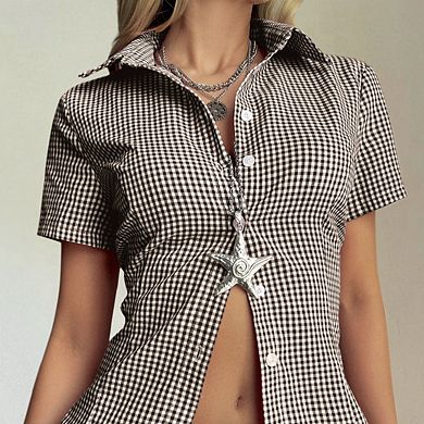 Women Vintage Plaid Button Down Shirt Short Sleeve V-Neck Slim Fitted Blouse
