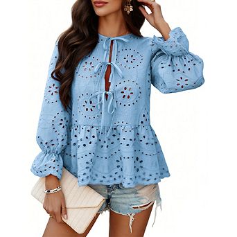 Women's Casual Blouse Tie Front Bell Sleeve Peplum Top Summer Loose Fit Vacation & Daily Wear Shirt