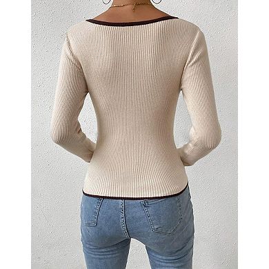 Women's Slim Fit Knit Top Elegant V-Neck Long Sleeve Blouses