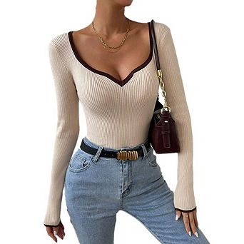 Women's Slim Fit Knit Top Elegant V-Neck Long Sleeve Blouses