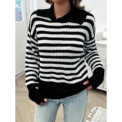 Women's Striped Ribbed Knit Pullover Sweater Turn Down Collar Long Sleeve Basic Top