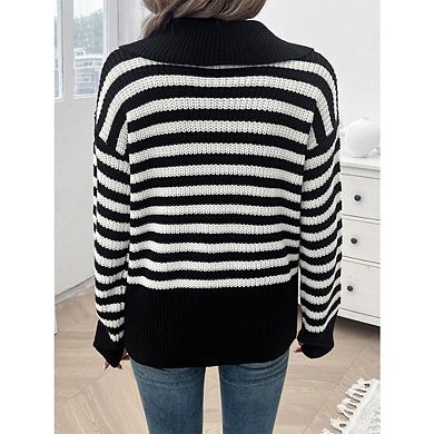 Women's Striped Ribbed Knit Pullover Sweater Turn Down Collar Long Sleeve Basic Top