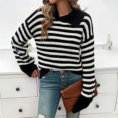 Women's Striped Ribbed Knit Pullover Sweater Turn Down Collar Long Sleeve Basic Top