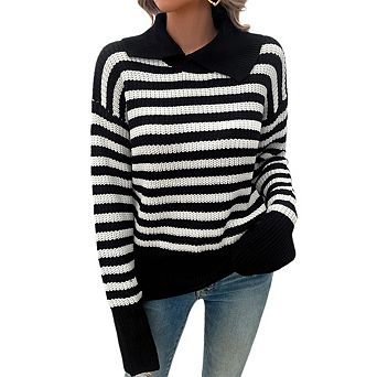 Women's Striped Ribbed Knit Pullover Sweater Turn Down Collar Long Sleeve Basic Top