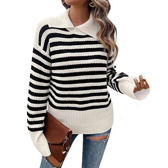 Women's Striped Ribbed Knit Pullover Sweater Turn Down Collar Long Sleeve Basic Top