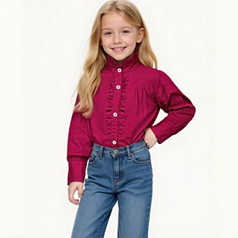 Girls Fall Casual Western Ruffled Stand Collar Blouse Long Sleeve Button Dressy Kids' Shirt Soft Top