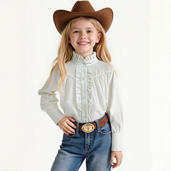 Girls Fall Casual Western Ruffled Stand Collar Blouse Long Sleeve Button Dressy Kids' Shirt Soft Top
