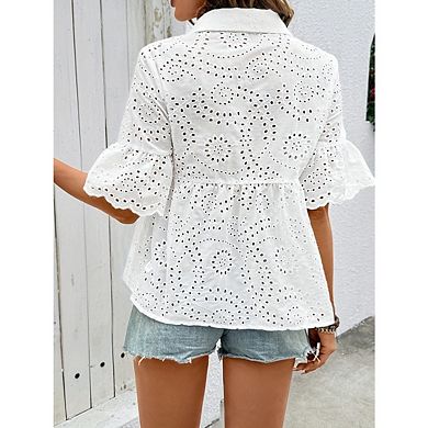 Women's Elegant Hollowed Out Casual Shirt Simple Lapel And Short Sleeve Shirts