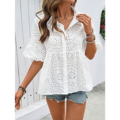 Women's Elegant Hollowed Out Casual Shirt Simple Lapel And Short Sleeve Shirts