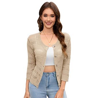 Women's 3/4 Sleeve Knit Cardigan Summer Lightweight Button Down Sweater Crochet Bolero Shrugs