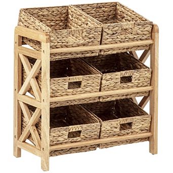 eHemco 3 tier Storage Organizer with 6 Woven Water Hyacinth Baskets, Natural Wood Frame Stand