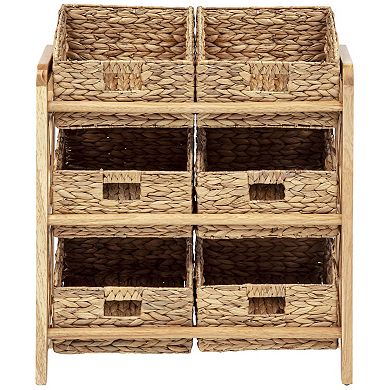 eHemco 3 Tier Storage Organizer with 6 Woven Water Hyacinth Baskets, Natural Wood Frame Stand