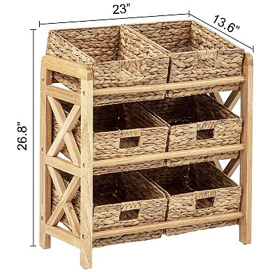 eHemco 3 Tier Storage Organizer with 6 Woven Water Hyacinth Baskets, Natural Wood Frame Stand