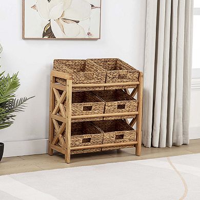 eHemco 3 Tier Storage Organizer with 6 Woven Water Hyacinth Baskets, Natural Wood Frame Stand