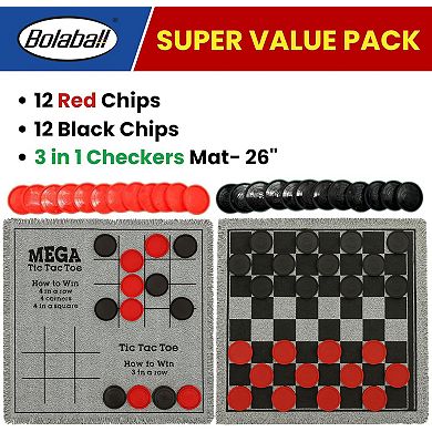Bolaball 3-in-1 Jumbo Checkers & Tic Tac Toe Game Set with Carry Bag, Reversible 26" x 26" Board