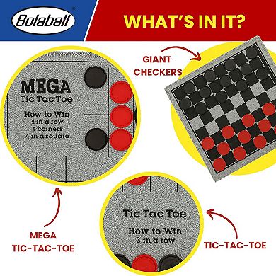 Bolaball 3-in-1 Jumbo Checkers & Tic Tac Toe Game Set with Carry Bag, Reversible 26" x 26" Board