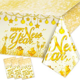 3 pc White & Gold Tablecloths for 2026 NYE Party, 108x54” Plastic Rectangular Covers