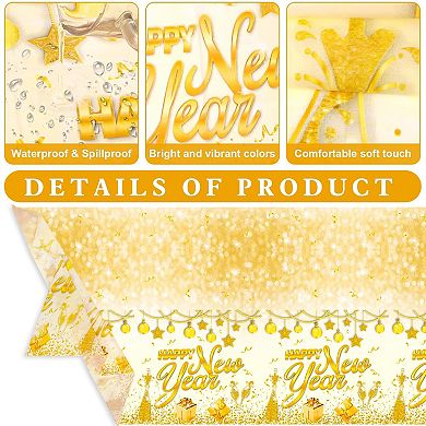 3pcs White & Gold Tablecloths for 2026 NYE Party, 108x54” Plastic Rectangular Covers