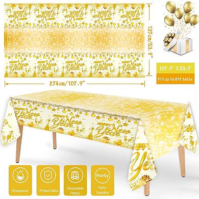 3pcs White & Gold Tablecloths for 2026 NYE Party, 108x54” Plastic Rectangular Covers