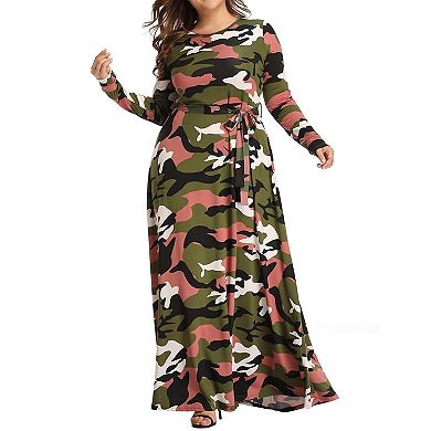 Plus Size Camouflage Maxi Dress For Women Long Sleeve Printed Long Dresses