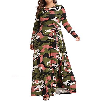 Plus Size Camouflage Maxi Dress For Women Long Sleeve Printed Long Dresses