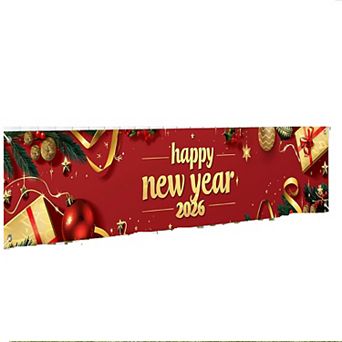 118x20" Red & Gold Happy New Year 2026 Banner - Gift Box & Ribbon Design, Outdoor Wall Decor