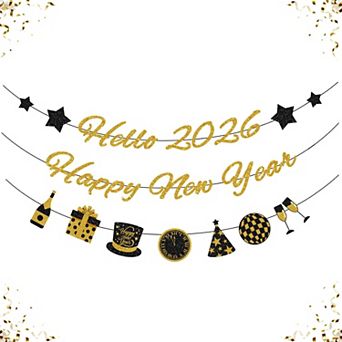 2026 Happy New Year Banner, Black & Gold Party Decor for NYE Celebrations