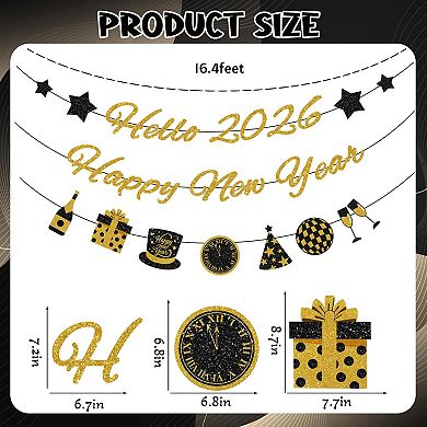 2026 Happy New Year Banner, Black & Gold Party Decor for NYE Celebrations
