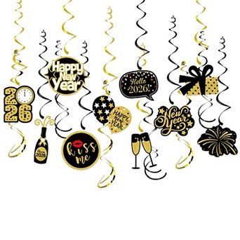 Black & Gold 2026 NYE Swirl Streamers Banner - 16 pc Hanging Party Decorations