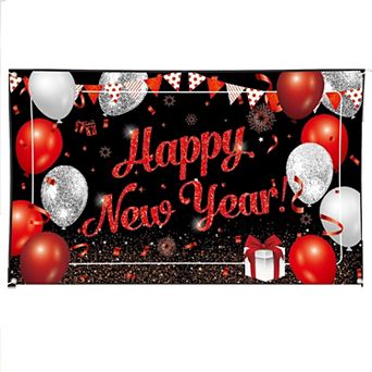 2026 New Year Party Banner, Black Red Silver Backdrop for Photo Props & Decorations