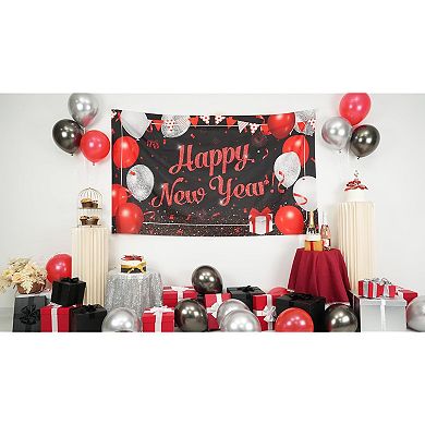 2026 New Year Party Banner, Black Red Silver Backdrop for Photo Props & Decorations