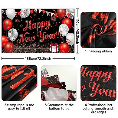 2026 New Year Party Banner, Black Red Silver Backdrop for Photo Props & Decorations
