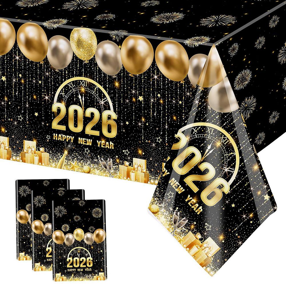 3pcs 108x54 Black & Gold New Year Tablecloths Fireworks & Champagne ...