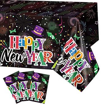 3-Pack Happy New Year Tablecloths with Gold Star & Fireworks for 2026 NYE Party