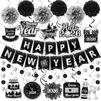 2026 New Year Silver & Black Party Set, Banner, Hanging Swirls & Pom Poms for Indoor/Outdoor