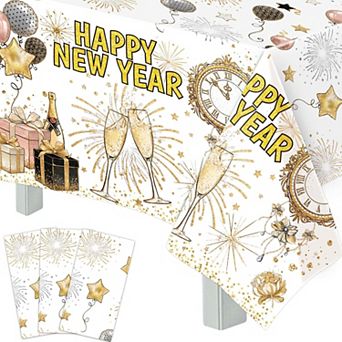 3 Pack 2026 Gold & White NYE Tablecloths for Rectangle Tables