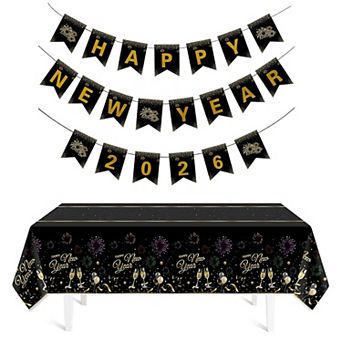 Happy New Year 2026 Tablecloth & 21 pc Banner Set for Parties & Home Decorations