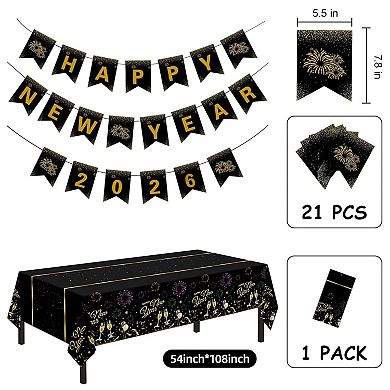 Happy New Year 2026 Tablecloth & 21-Piece Banner Set for Parties & Home Decorations